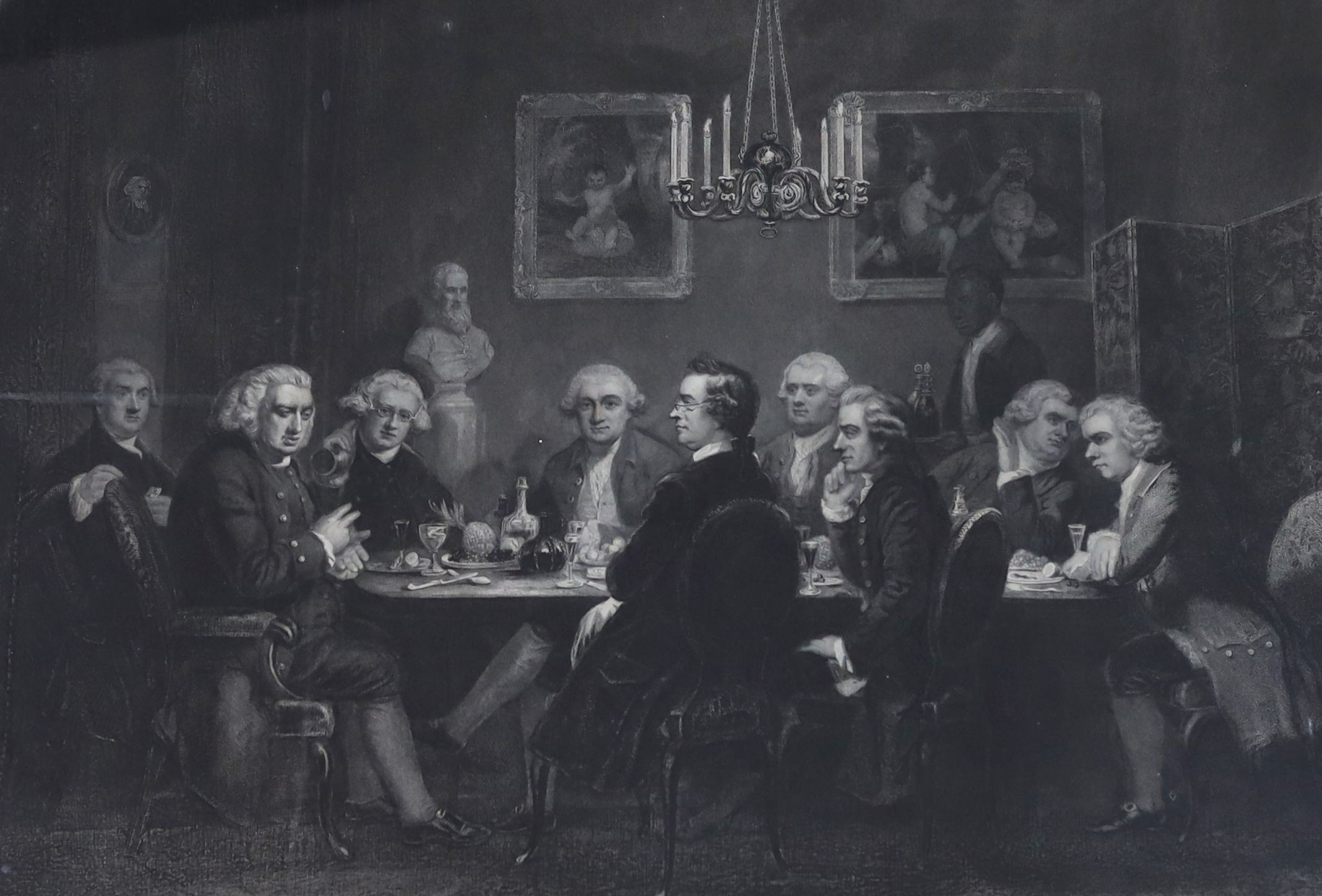 George Thompson after James Doyle, engraving, 'A Literary Party at Sir Joshua Reynolds' 1851, overall 45 x 63cm